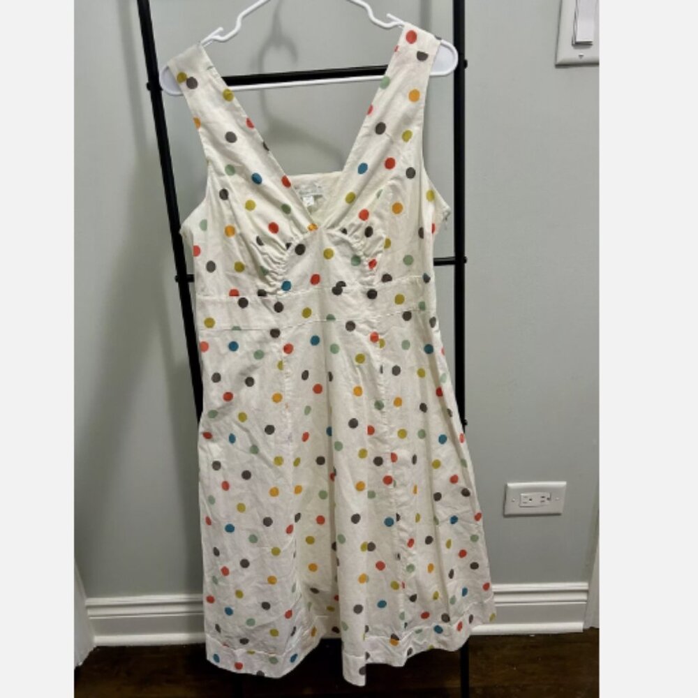 Garnet Hill Women A-Line Dress White Multicolor Polka Dots Sleeveless Petite 14
